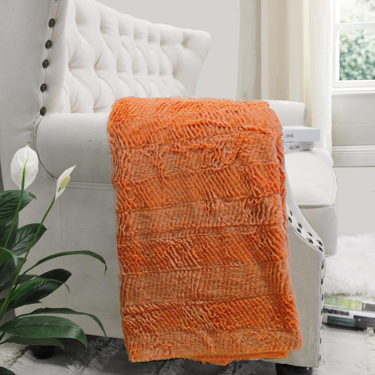 Soft Fuzzy Plush Faux Fur Herringbone Textured Throw Blanket, Stylish Lightweight Fluffy Cozy Warm Accent Throw Blankets for Couch Sofa Chair Bed Cover, 50x60 Inch, Burnt Orange
