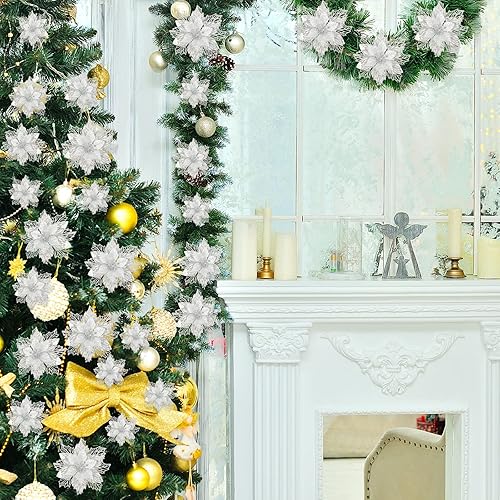 Miniatura 7 de 24 piezas de flores de Pascua artificiales con purpurina en capas, flores de Navidad artificiales para boda, árbol de Navidad y Año Nuevo (plateado)