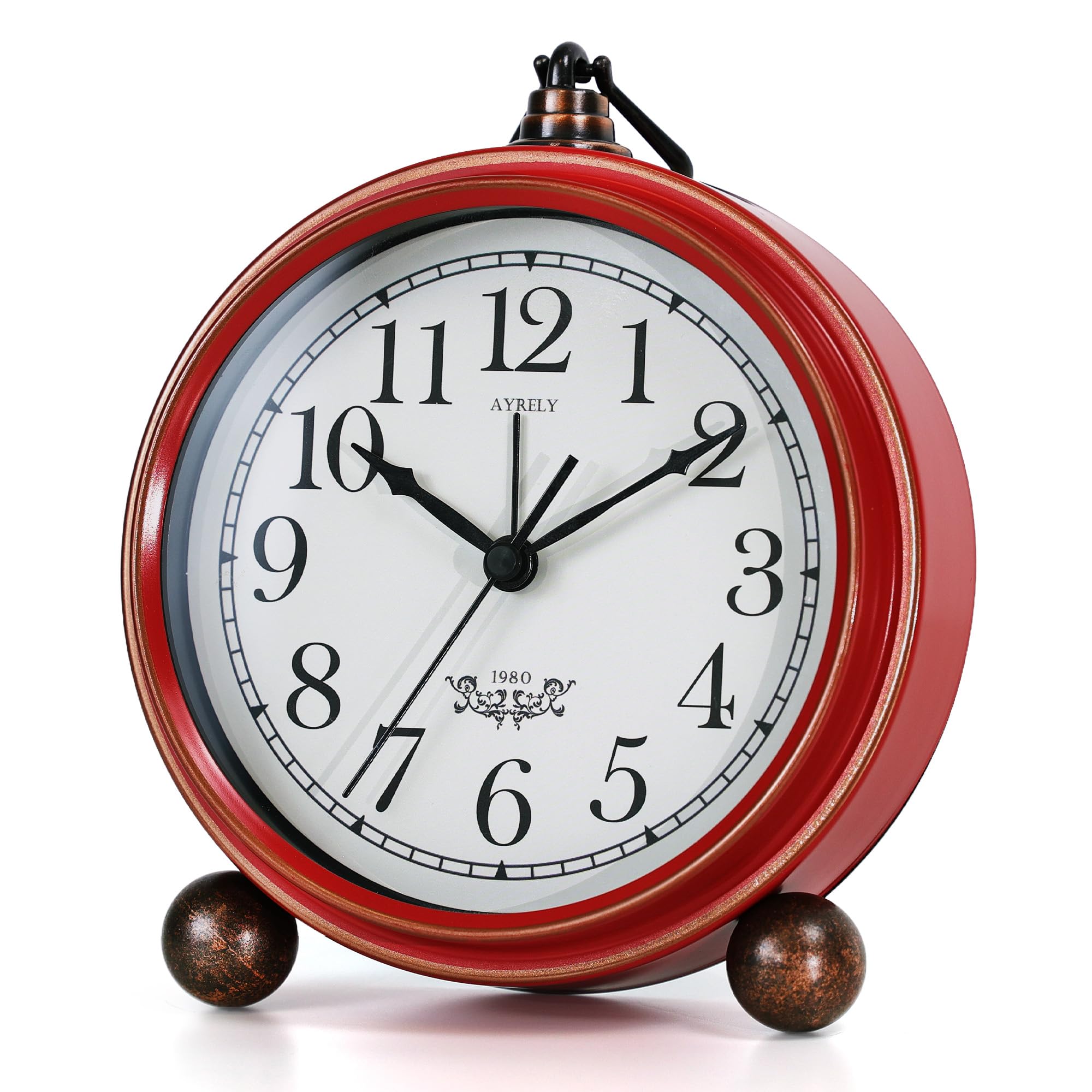 AYRELY® 5.3" Vintage Analogue Alarm Clock, Silent Battery Operated Metal Table Clock with Light, Retro Desk & Bedside Clock for Bedroom, Shelf or Living Room Décor (Red-White)