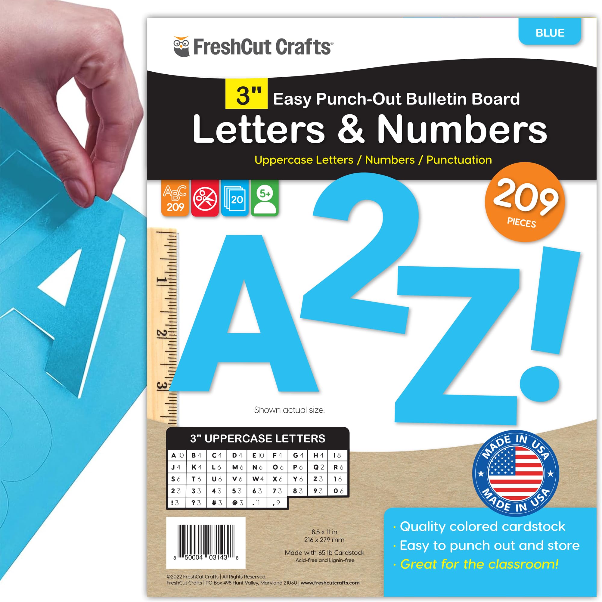 209 Pcs 3" Blue Bulletin Board Letters & Numbers, Capital Letters, Numbers, Punctuation, US Made Card Stock Punch Out Letters for Poster, Bulletin