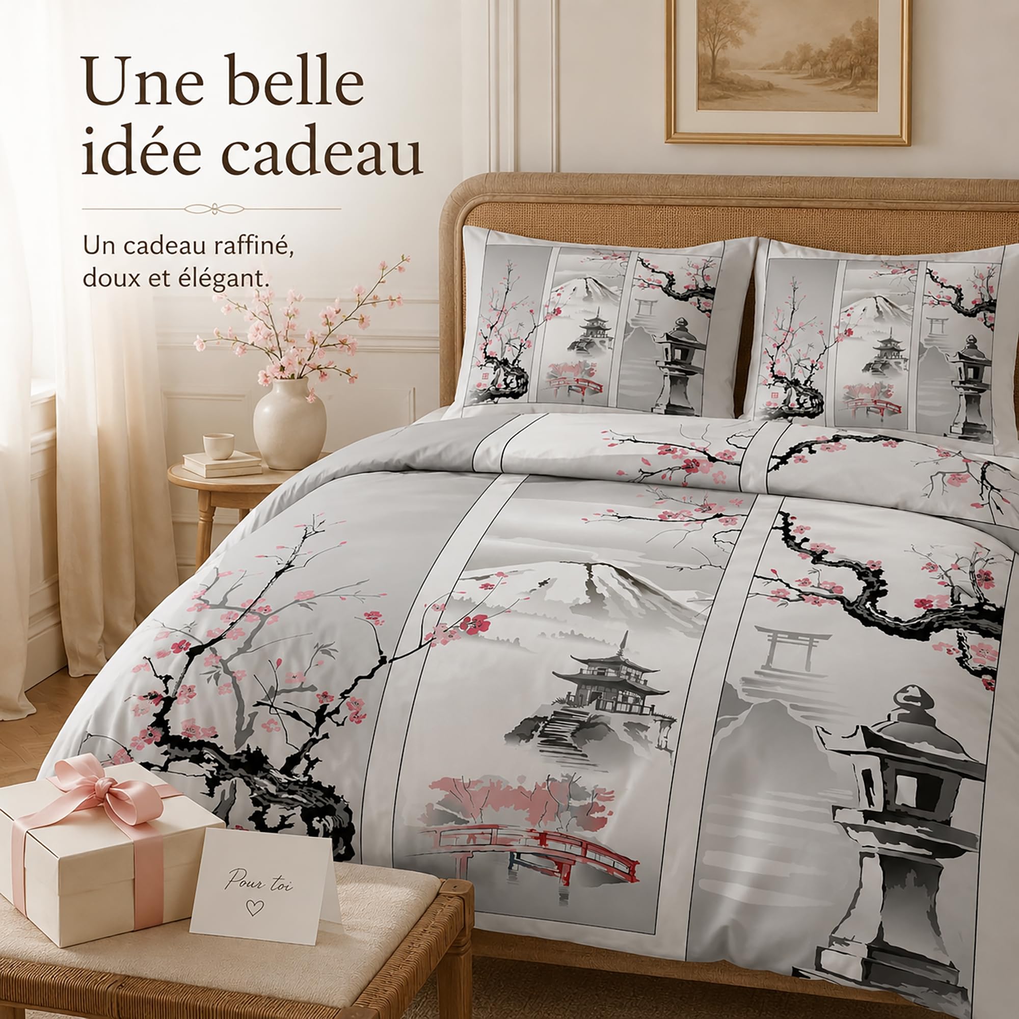 Parure de Lit 240 x 260 Japonais Housse de Couette 2 Personnes Réversible, Housse Couette Imprimée Fleur de Cerisier en Microfibre et 2 Taie d'oreiller 65x65 cm avec Fermeture Éclair