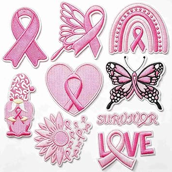 9Pcs Pink Embroidered Iron on Breast Cancer Awareness Patches