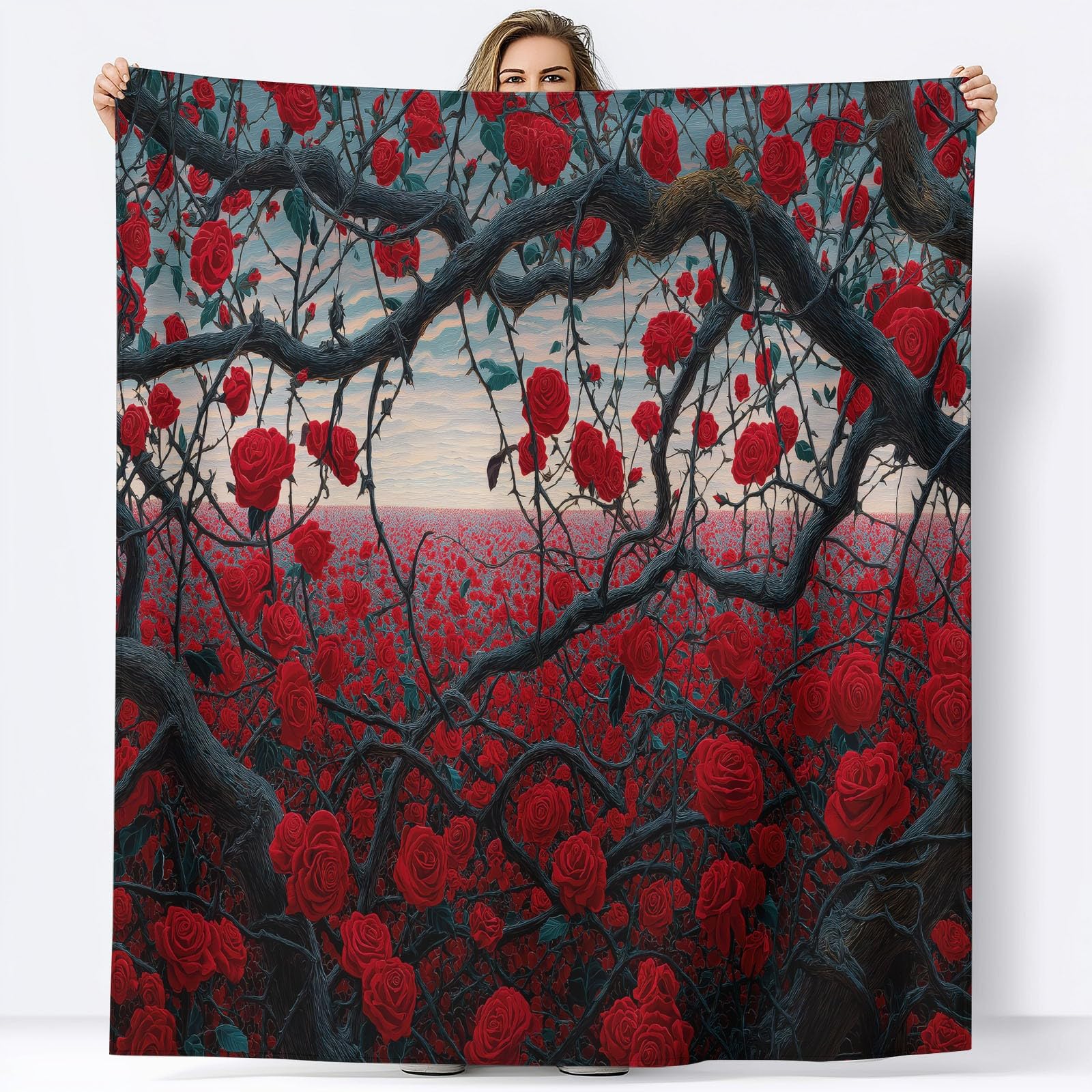 Genérico Puszysty flanelowy koc na łóżko 150 x 200 cm surrealizm czerwone róże pole polarowy koc z mikrofibry, czerwony oddychający ciepły miękki przytulny prezent koce dla kobiet i dzieci