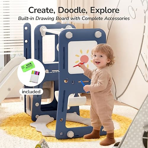 Miniatura 3 de Juego de tobogán y columpio para niños pequeños 9 en 1 con aro de baloncesto, tablero de dibujo, anillos y telescopio, juego de interiores y