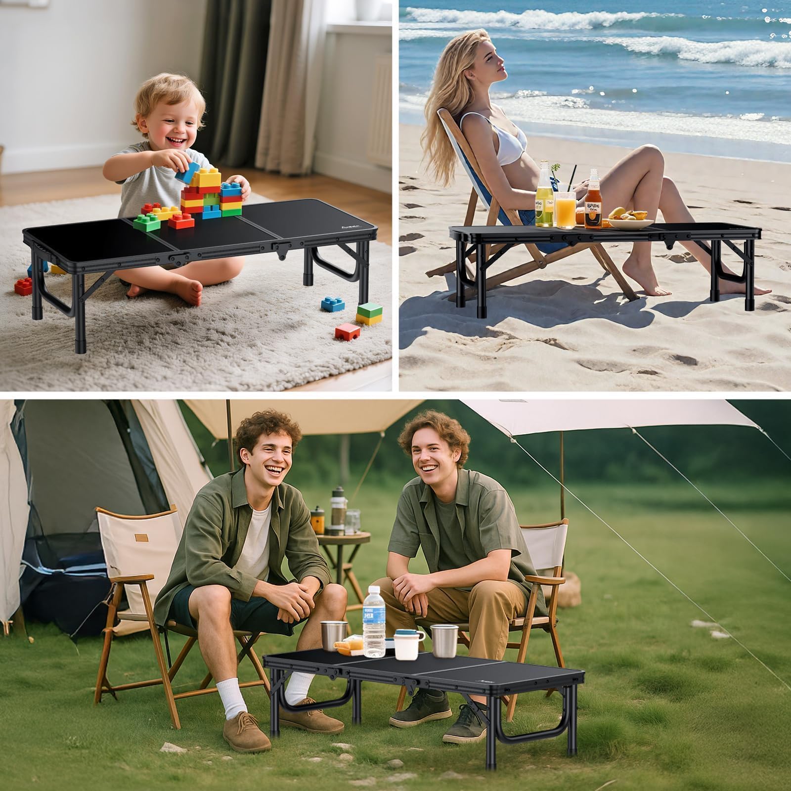 Anbte Tavolo Basso da Campeggio Picnic Spiaggia 87 * 40 * 26.2 Pieghevole Portatile Tavolino da Comodino Multifunzione per Lavoro/Caffè/Truccarsi/Mercatini-Nero