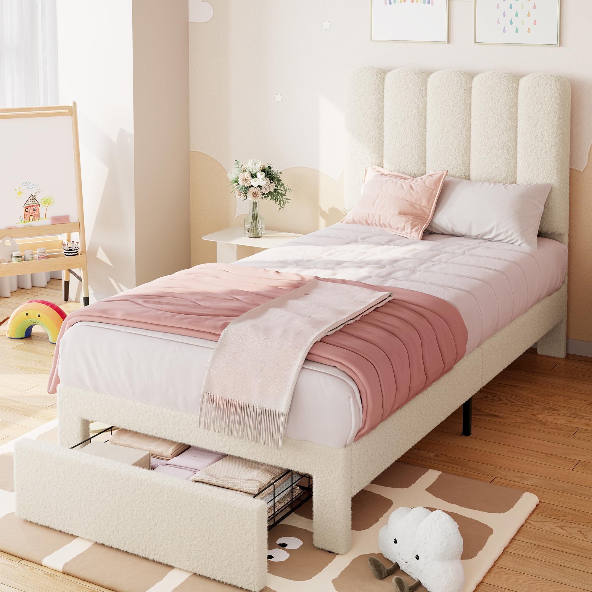 IDEALHOUSE Twin Bed Frame with Storage Drawer and Headboard, Boucle Upholstered Twin Platform Bed Frame for Girls, Strong Wooden Slats Support,