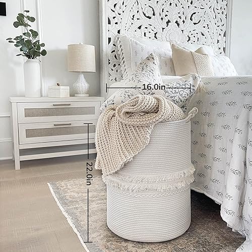 Miniatura 4 de CherryNow Cesta de ropa sucia para bebé para guardería, cesta alta para cuarto de lavandería, cesta de almacenamiento tejida blanca para ropa,