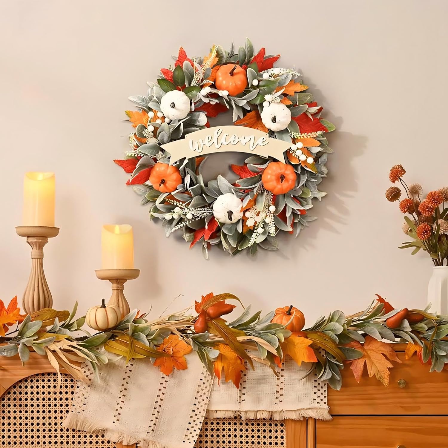 Waipfaru 22 Inch Fall Wreaths for Front Door, Autumn Orange White Pumpkin Wreath with Welcome Sign, Fall Decorations for Indoor Outdoor Autumn Thanksgiving Decor