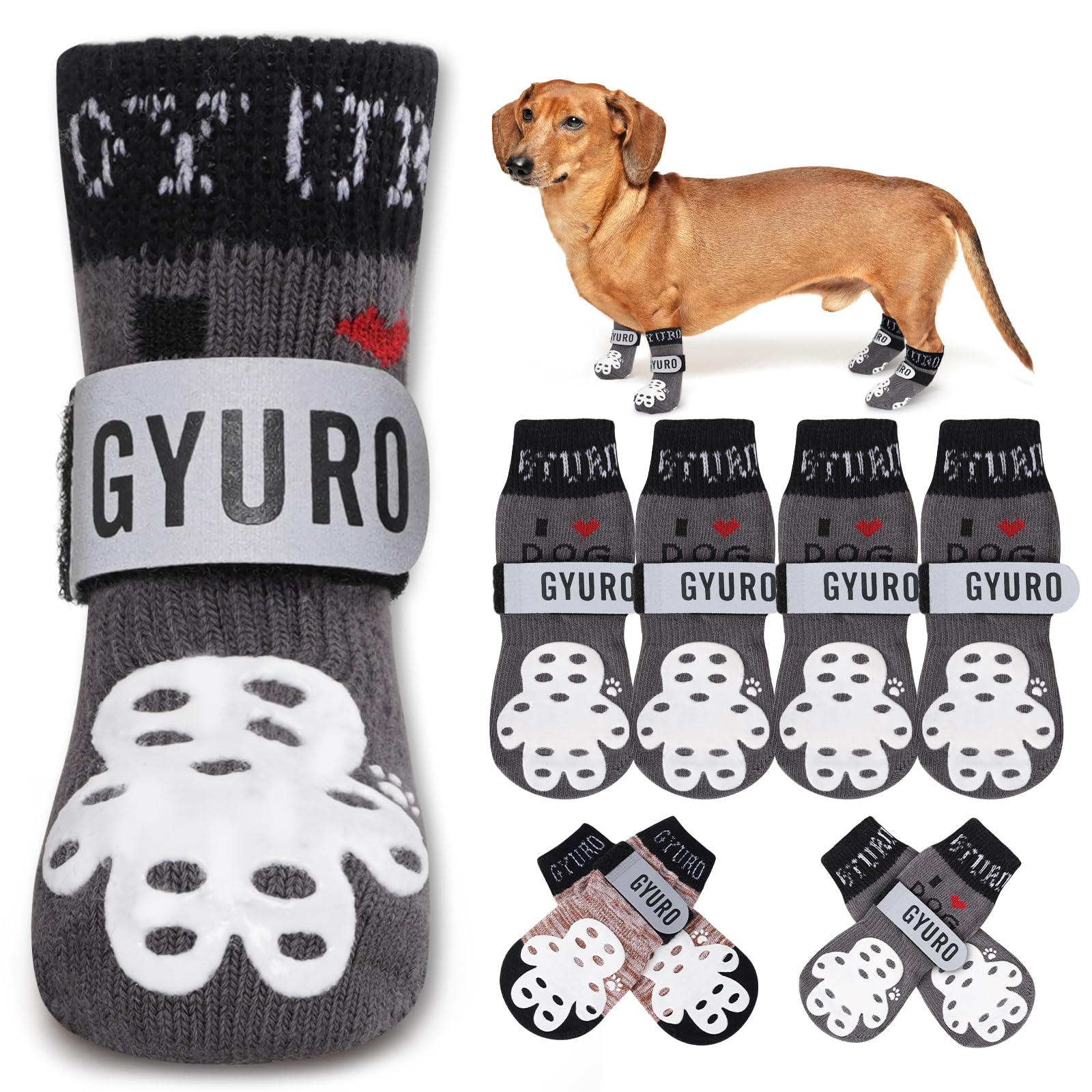 GYURO 4-Sided Anti Slip Dog Socks Paws Stop Licking with Adjustable Reflective Strap, Indoor Paw Protection