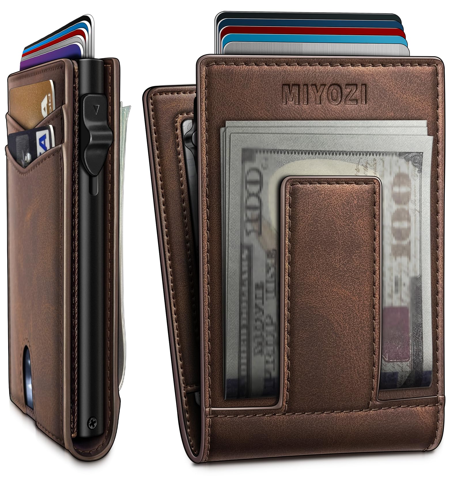 Wallet for Men, Pop Up Card Holder with RFID Blocking, Minimalist Slim Bifold Wallet with 9 Card Slots, 2 ID Window and Magnetic Money Clip, Metal Flip Case with Magnetic Closure, Gift Box
