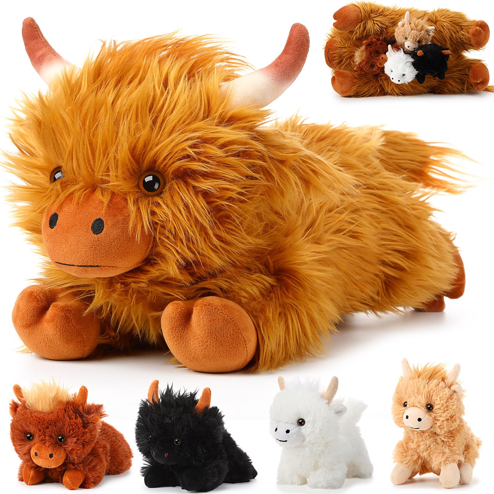 HyDren 5 Pcs Highland Cows Stuffed Animal Toy 13.78 Inch Mommy Highland Cow Plush with 4 Little Babies Soft Plush Toy Set for Kids Boys and Girls