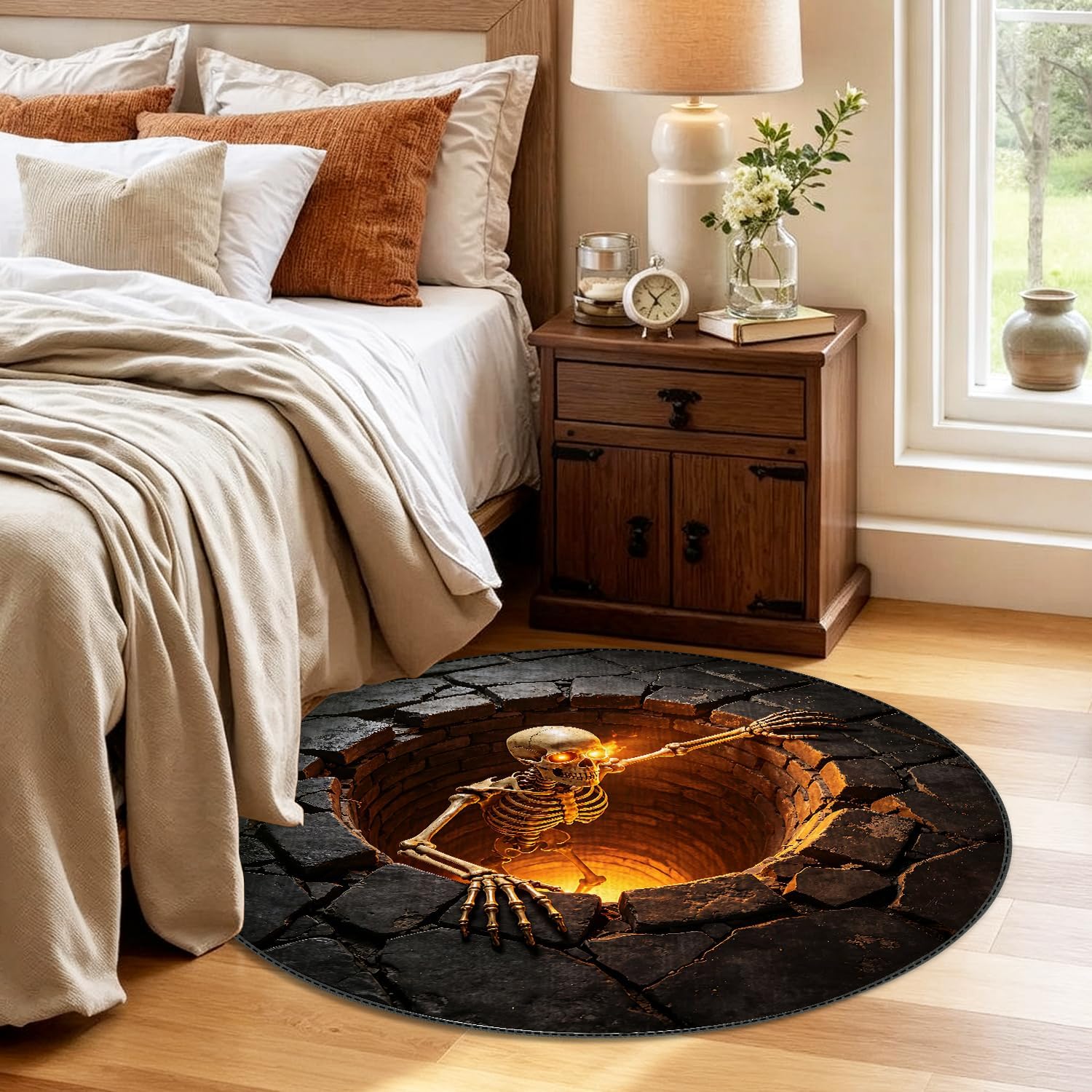 Halloween Skull Round Area Rugs 4ft Washable Non-Slip,Halloween Round Rug Circle Carpet Skull Carpet for Living Room Bedroom Dining Room