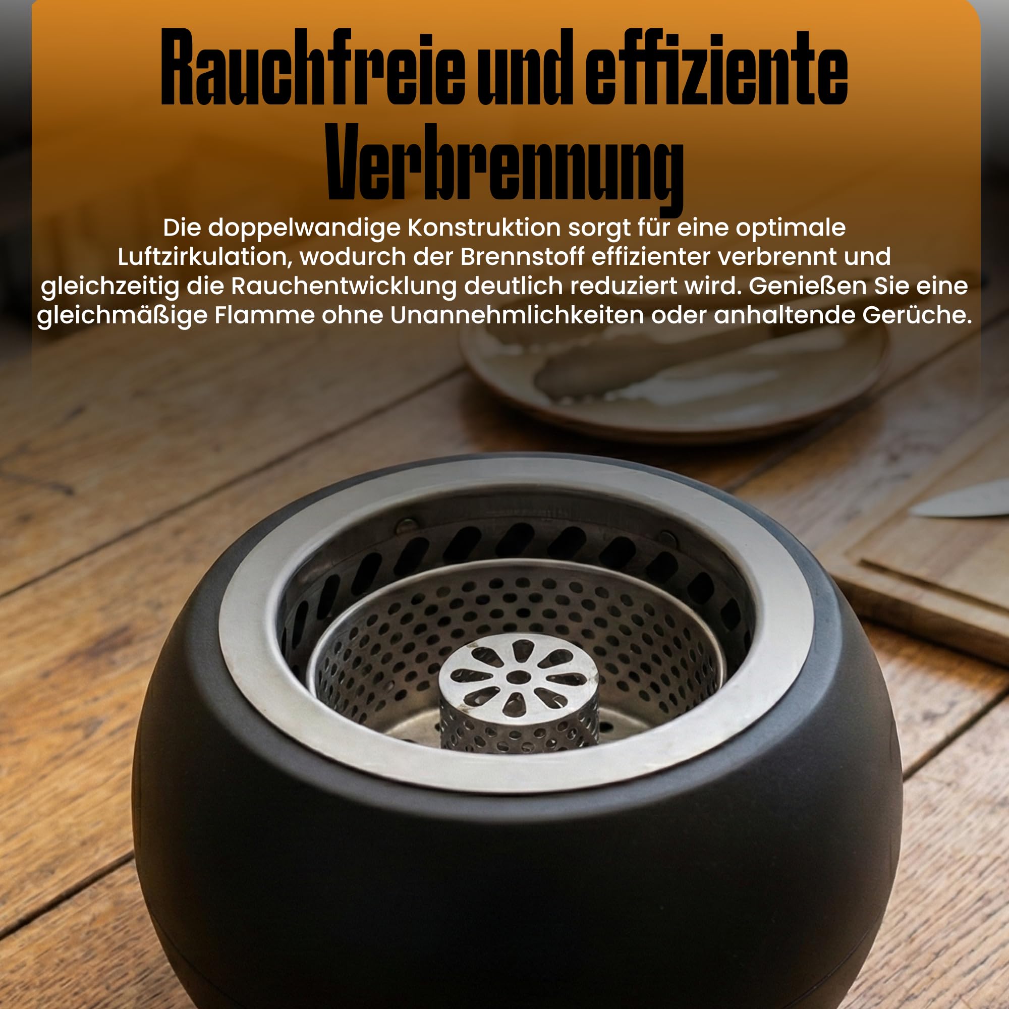 Rauchfreies Tischfeuer Outdoor – Tischkamin für Garten, Terrasse & Balkon – Kleine Feuerstelle für Pellets und Holz – Doppelwandige Stahlkonstruktion inkl. Schaufel – Schwarz