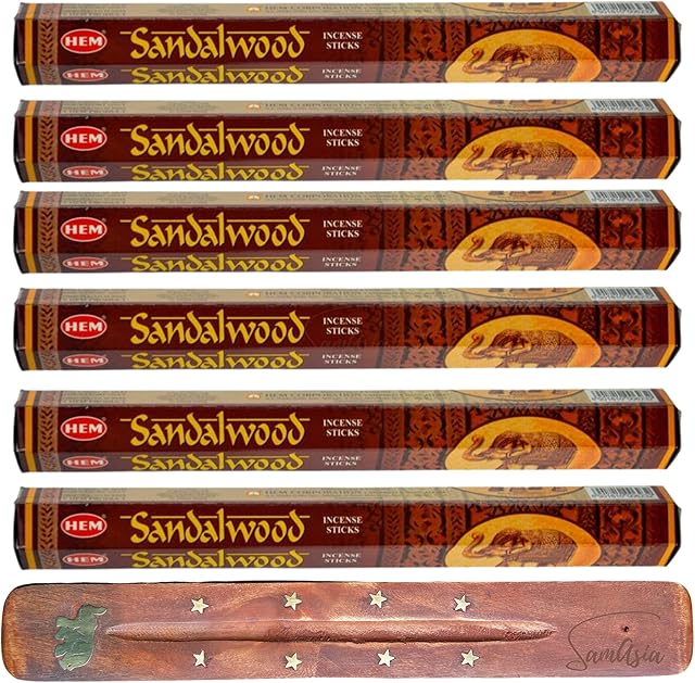 HEM Incense sticks SANDALWOOD | Pack of 6 | with SAMASIA incense stick holder for Aromatherapy, Incense Spa, Yoga, Meditation, Healing, Spirituality and Relaxation