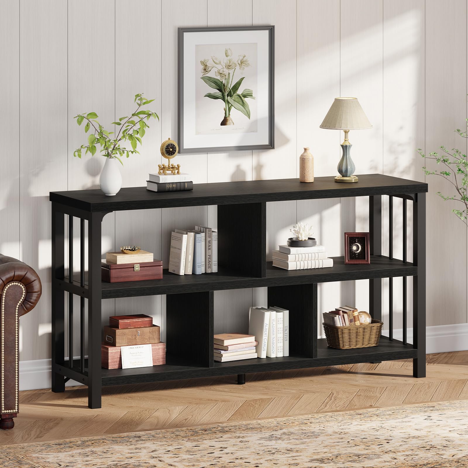 IBF Bibliothèque 5 Cubes 120cm métal Rustique Rangement Basse Chêne Noir | Étagère Cubique Cadre Métal Renforcé Panneau Anti Rayure Pieds Ajustables Autoportant sans Perçage Rangement Manga Plantes