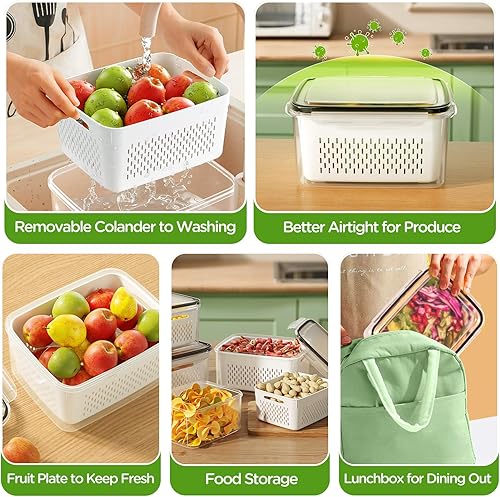 Miniatura 7 de 4 recipientes de almacenamiento de frutas para refrigerador, recipientes de productos para refrigerador con colador extraíble, cuenco de lavado de