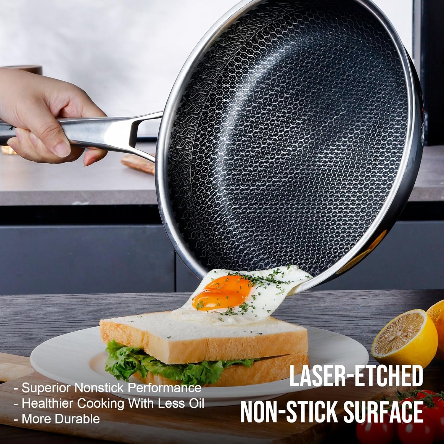 10 Inch Hybrid Nonstick Frying Pan, Stainless Steel Pan Non Stick Skillet, PFOA Free Cookware, Non Toxic Chef's Pan, Compatible with Electric, Gas and Induction, with Lid - Image 4