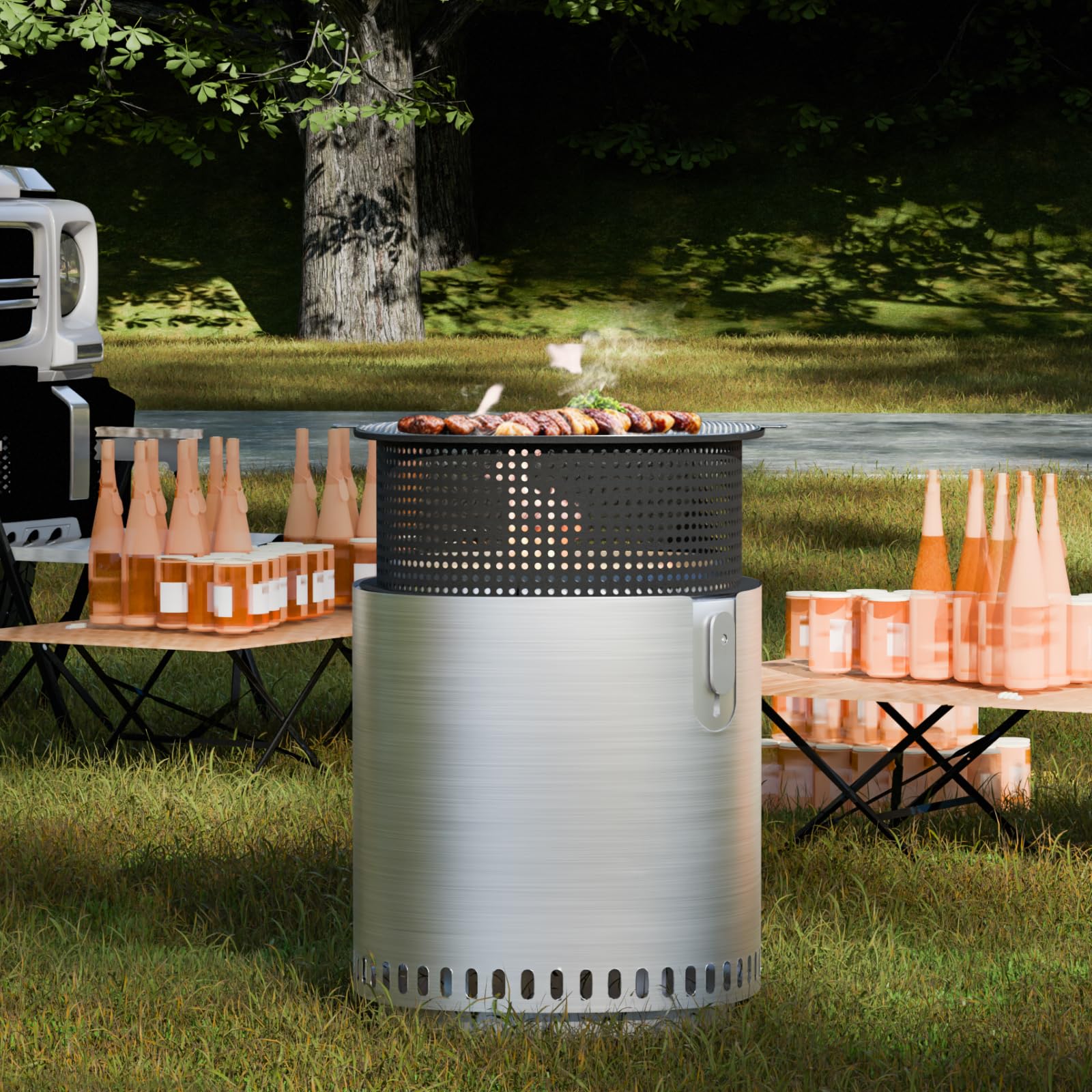 SUNBURY Smokeless Fire Pit for Outside w Grill Pan, Stainless Steel Adjustable Bonfire Wood Burning Fireplaces w Removable Ash Pan & Bag, 17in Large