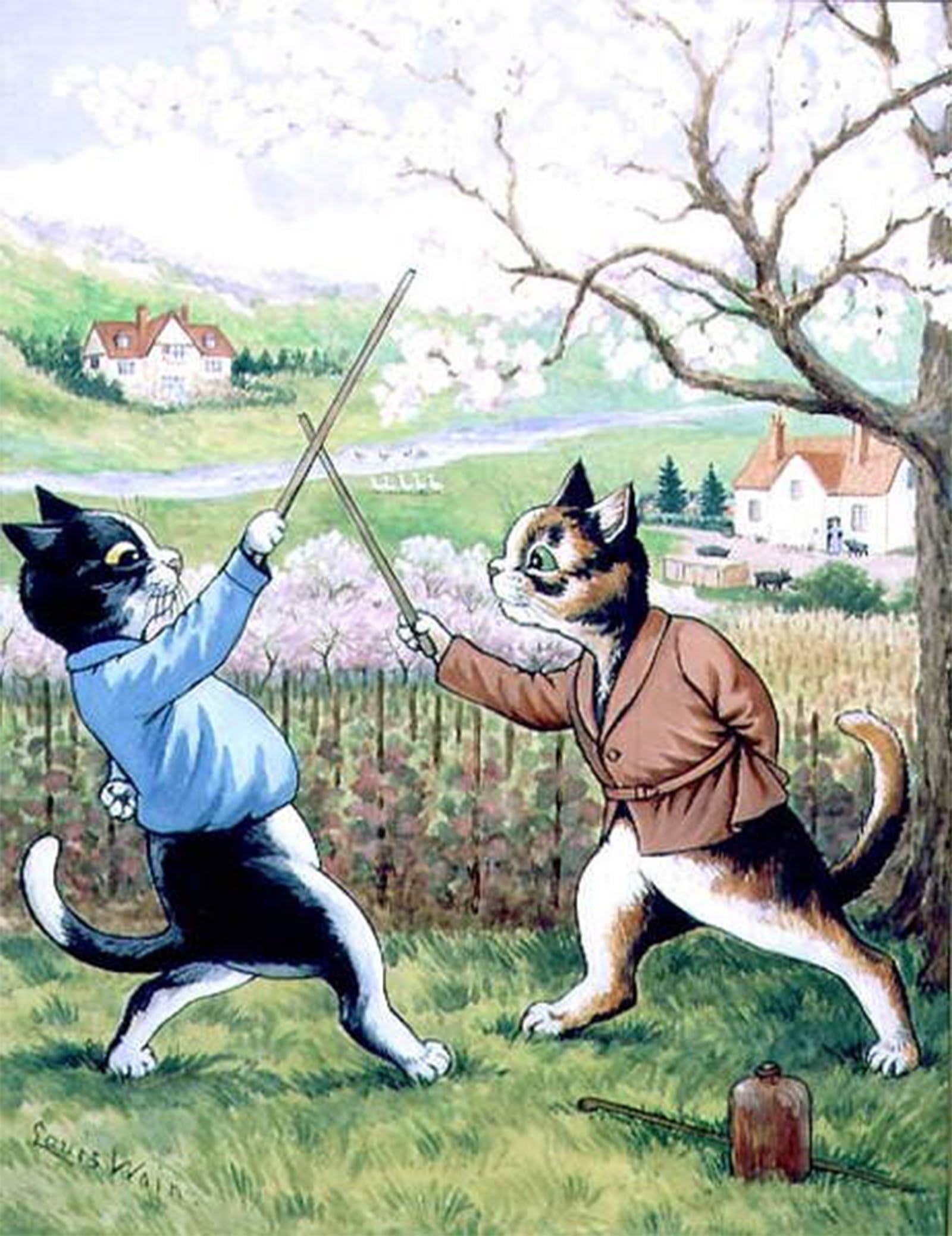 ARTXLXXBN Famous Art Print Poster Vintage Wall Art Cats Fencing by Louis Wain Canvas Art Poster for Home Decor 60x90cm