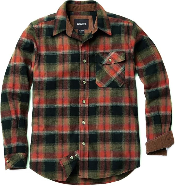 CQR Men's All Cotton Flannel Shirt, Long Sleeve Casual Button Up Plaid Shirt, Brushed Soft Outdoor Shirts