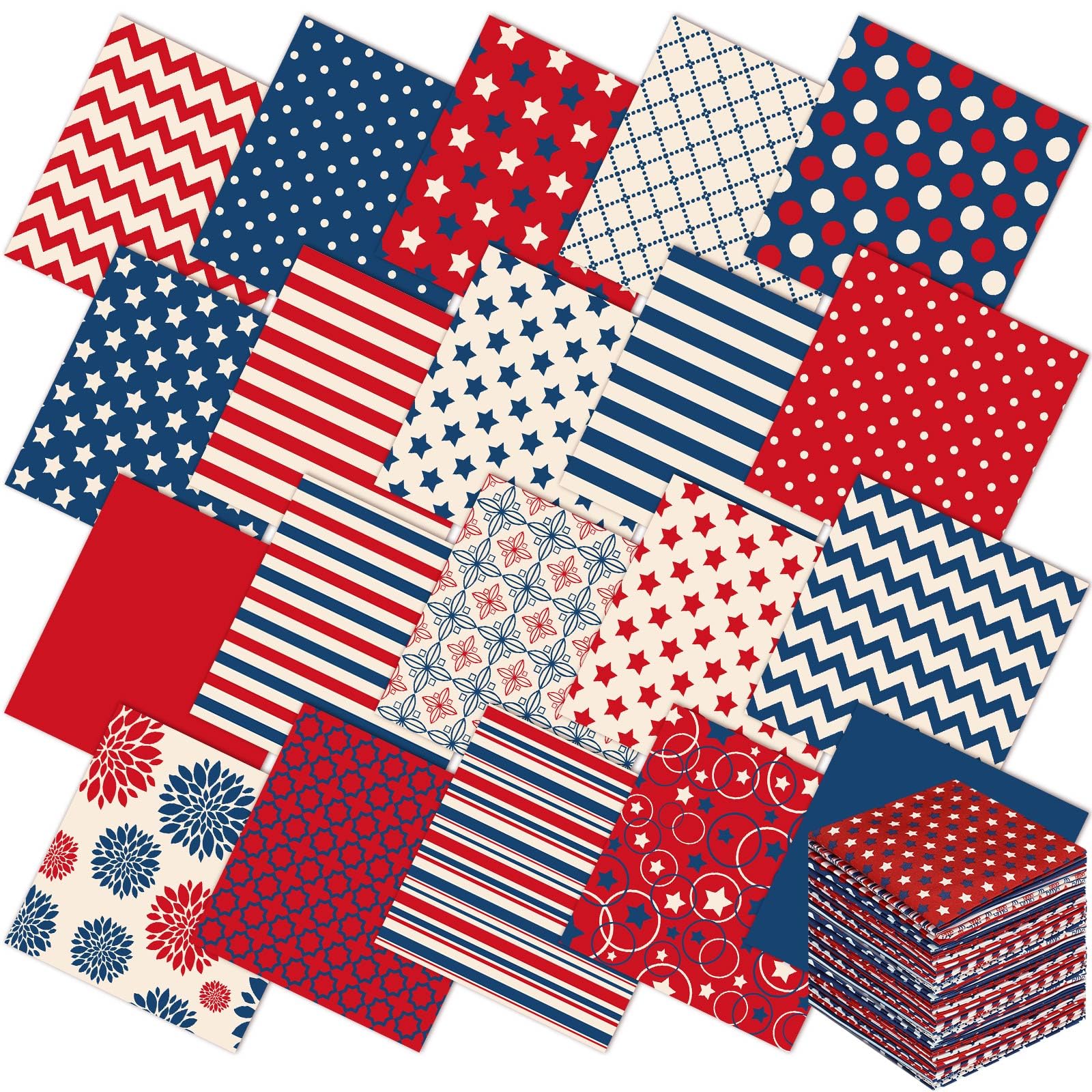 Ganeen 60 Pcs 10 x 10 Inch Vintage Red White Blue Quilting Fabric Squares