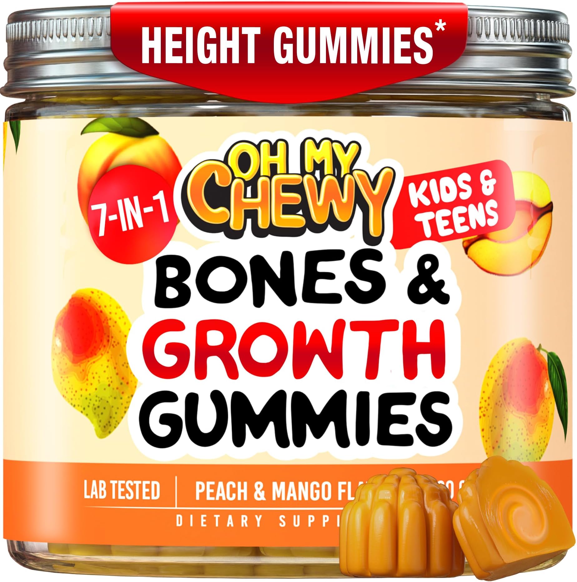 Height Growth Vitamin Gummies for Kids & Teens - Growing Up and Bones Support for Supplement with Calcium, Zinc, Vitamin D3, K2, Spirulina and Astragalus – Peach & Mango 60 CT