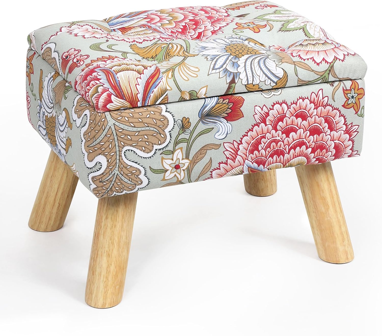 Nandae Square Storage Ottoman with Sturdy Wood Legs, Tufted Upholstered Footstool 14.5”L × 10.6”W × 11.4”H Boho Floral Upholstered Storage Footrest, Suitable for Living Room, Bedroom, Couch, Enterway