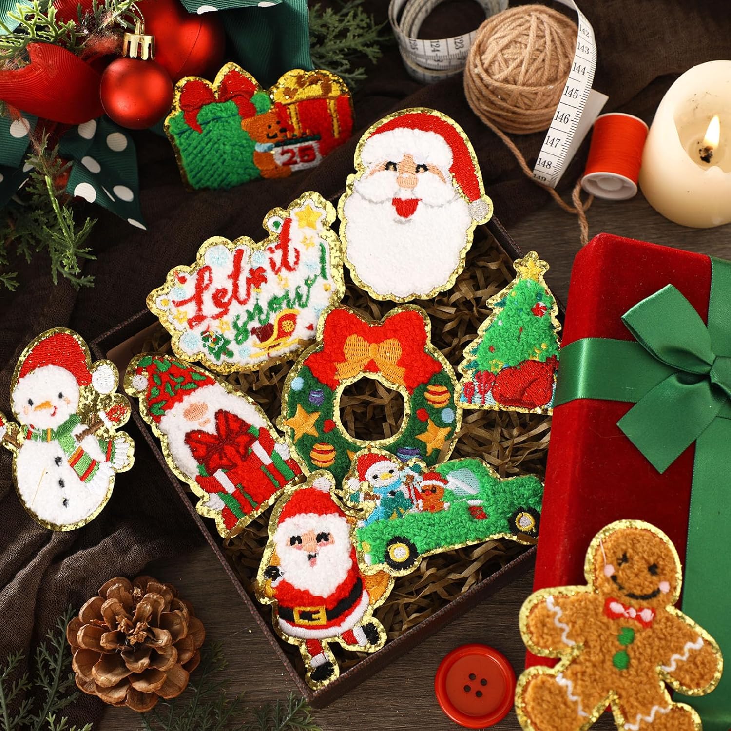 48個 クリスマス アイロン接着パッチ Xmas Merry Hohoho シェニールパッチ サンタ ジンジャーブレッドマン エルク