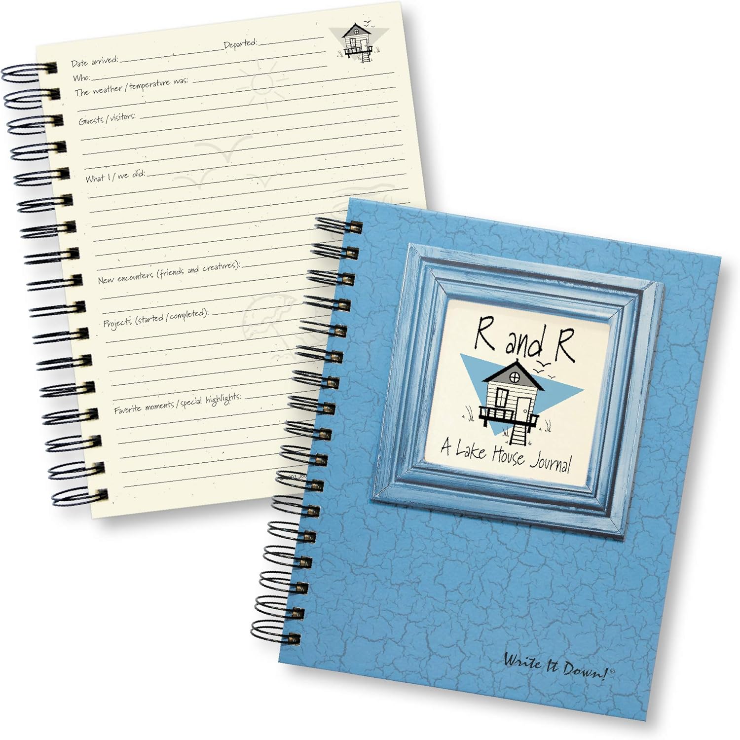Write it Down series by Journals Unlimited, Guided Journal, R and R, A Lake House Journal, Full-size 7.5"x 9", Blue Hard Cover, Made in USA