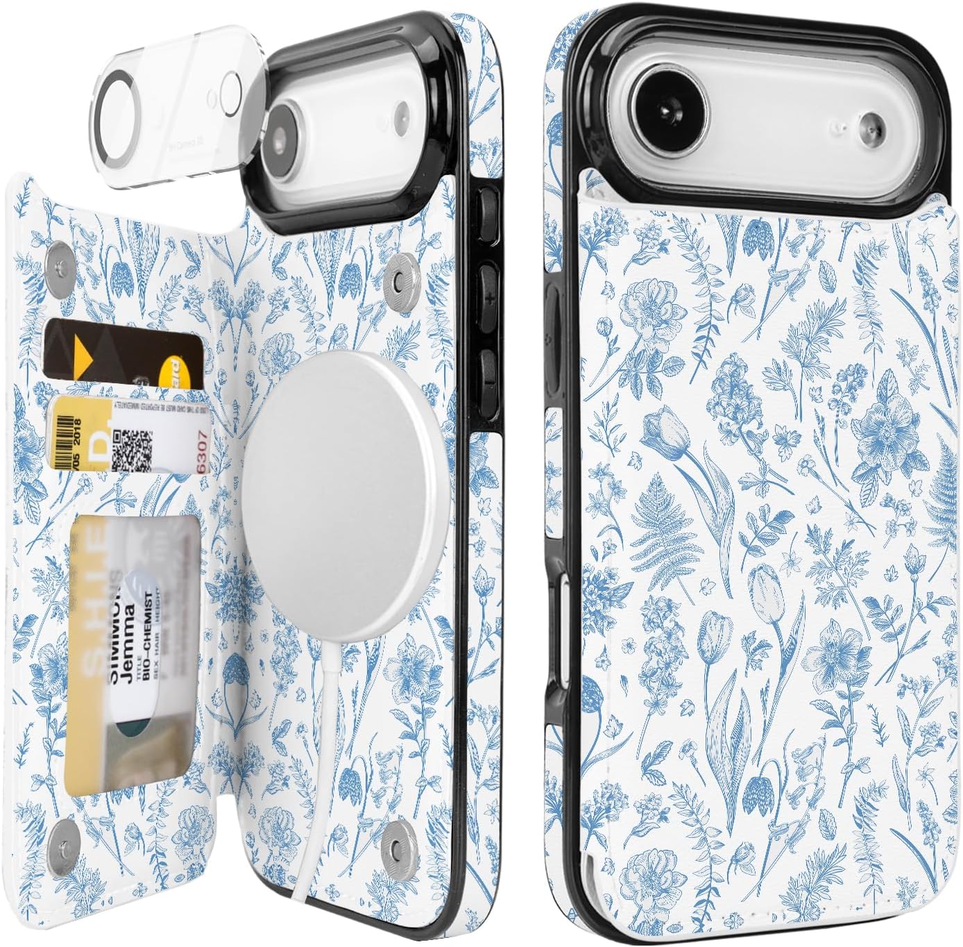 uCOLOR for iPhone 17 Air Wallet Case Magsafe with Card Holder Slot【Compatible with MagSafe】 Folio Flip PU Leather Double Magnetic RFID Design with Camera Lens Protector 6.5" (Blue Toile Flowers)