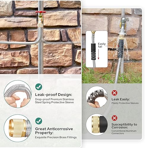 Miniatura 2 de HOMEIDEAS Juego de manguera de jardín de metal de acero inoxidable a prueba de fugas de 100 pies  Funda protectora de resorte SUS304 de alta