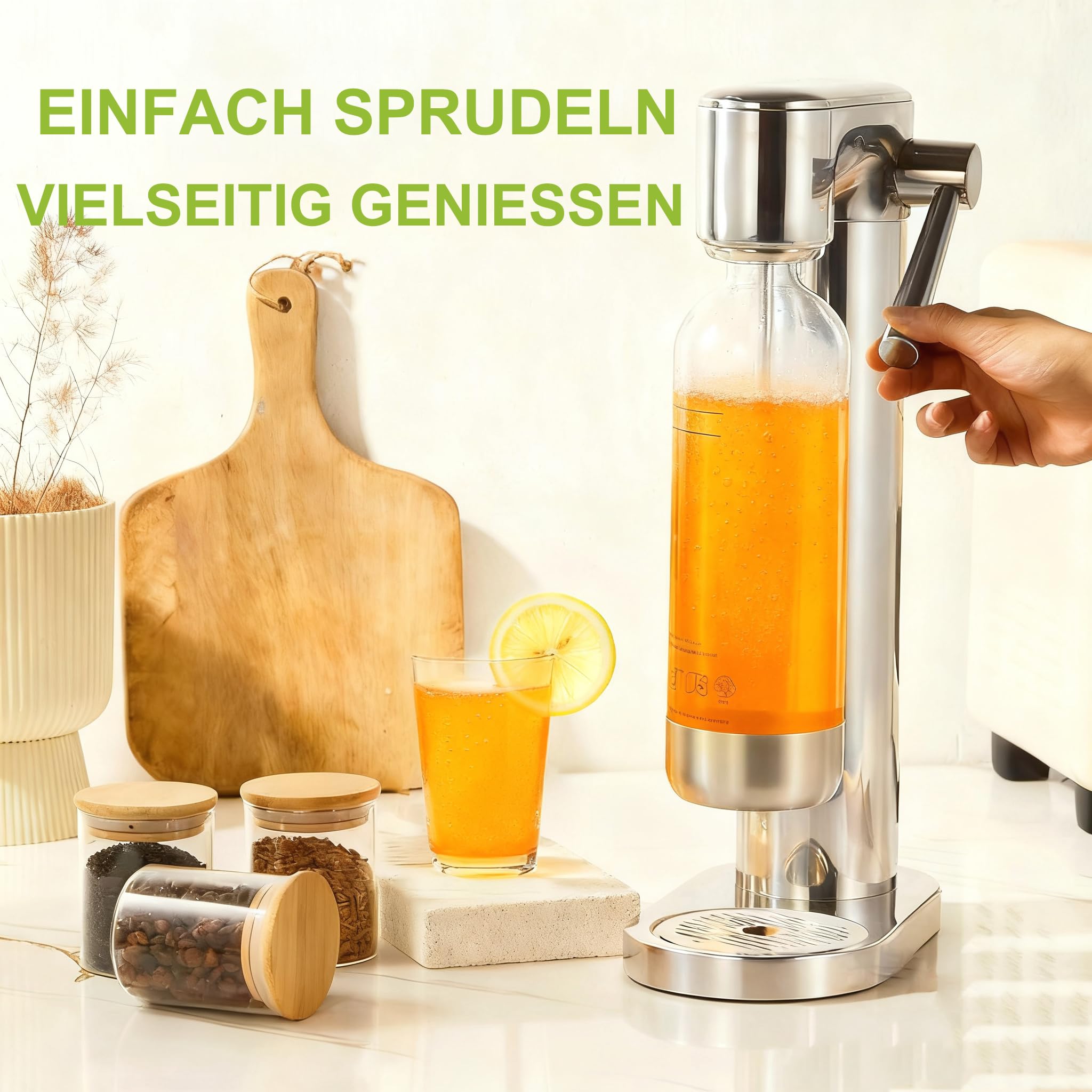 Wassersprudler Edelstahl, Manuelle Kohlensäuremaschine für Zuhause, Mit BPA-freier PET-Flasche, Kompatibel mit 60L Gewinde-CO₂-Zylindern (Zylinder nicht enthalten)