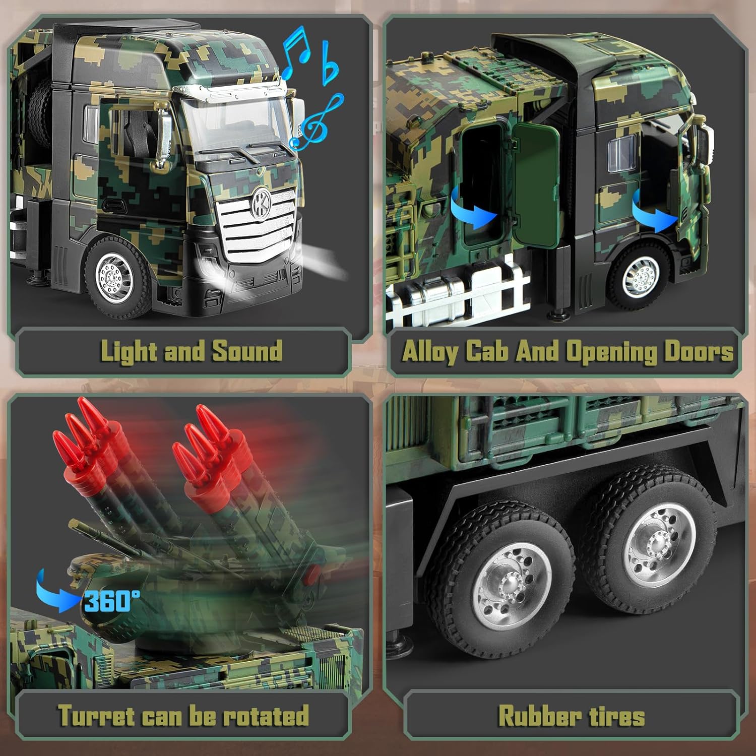 Youlechen Army Toys for Boy, Military Vehicle Toy with 6 Missile Launcher, Pull Back Army Model Truck with Light and Sound, Military Missile Alloy Vehicle Toys for Kids Age 3-6