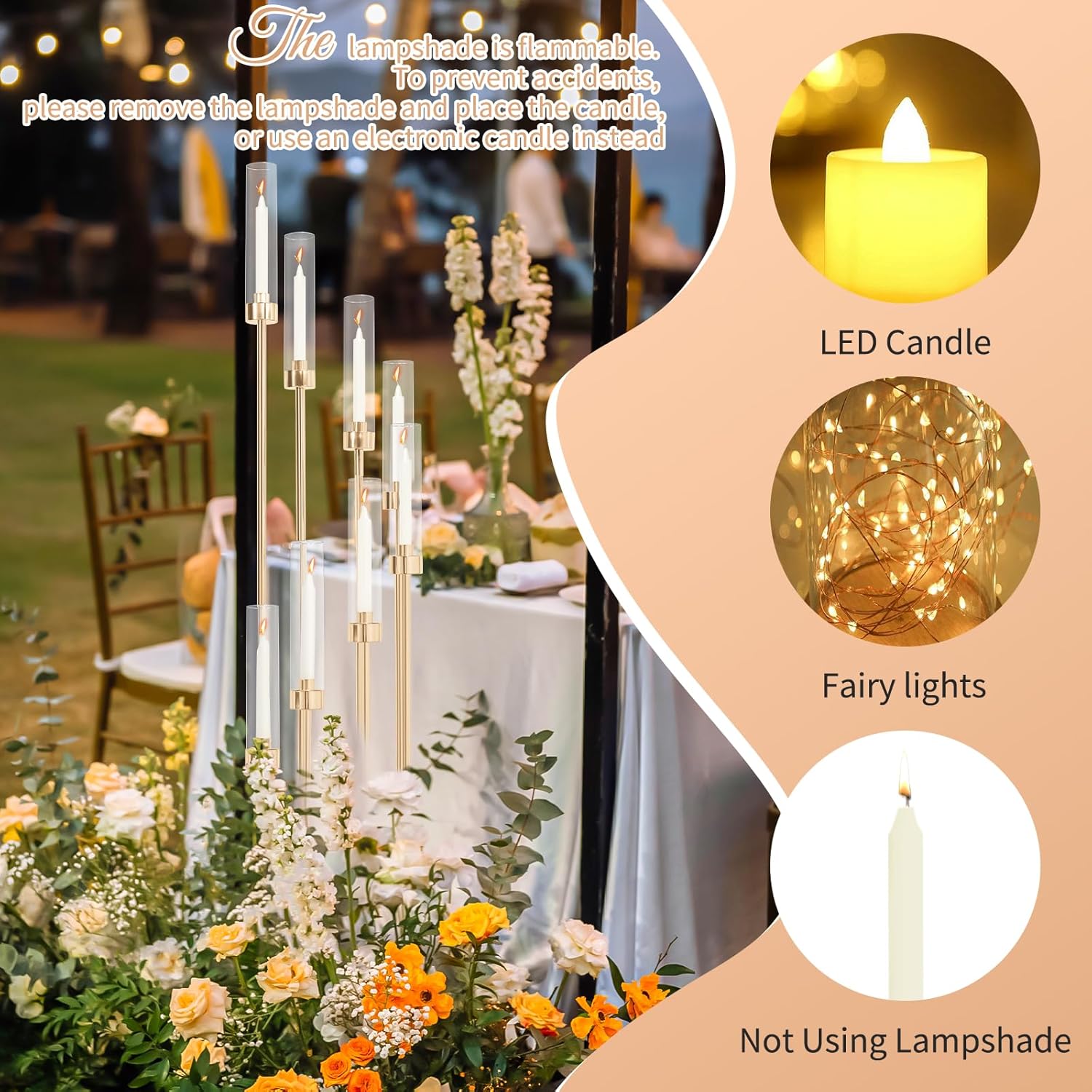 2 Sets Gold Candelabra,8 Arm Candlestick Holders with Acrylic Shades, 44'' High Large Floor Candle Holders for Wedding Centerpieces Table Decorations Fit 0.9" Candles and LED Taper Candles