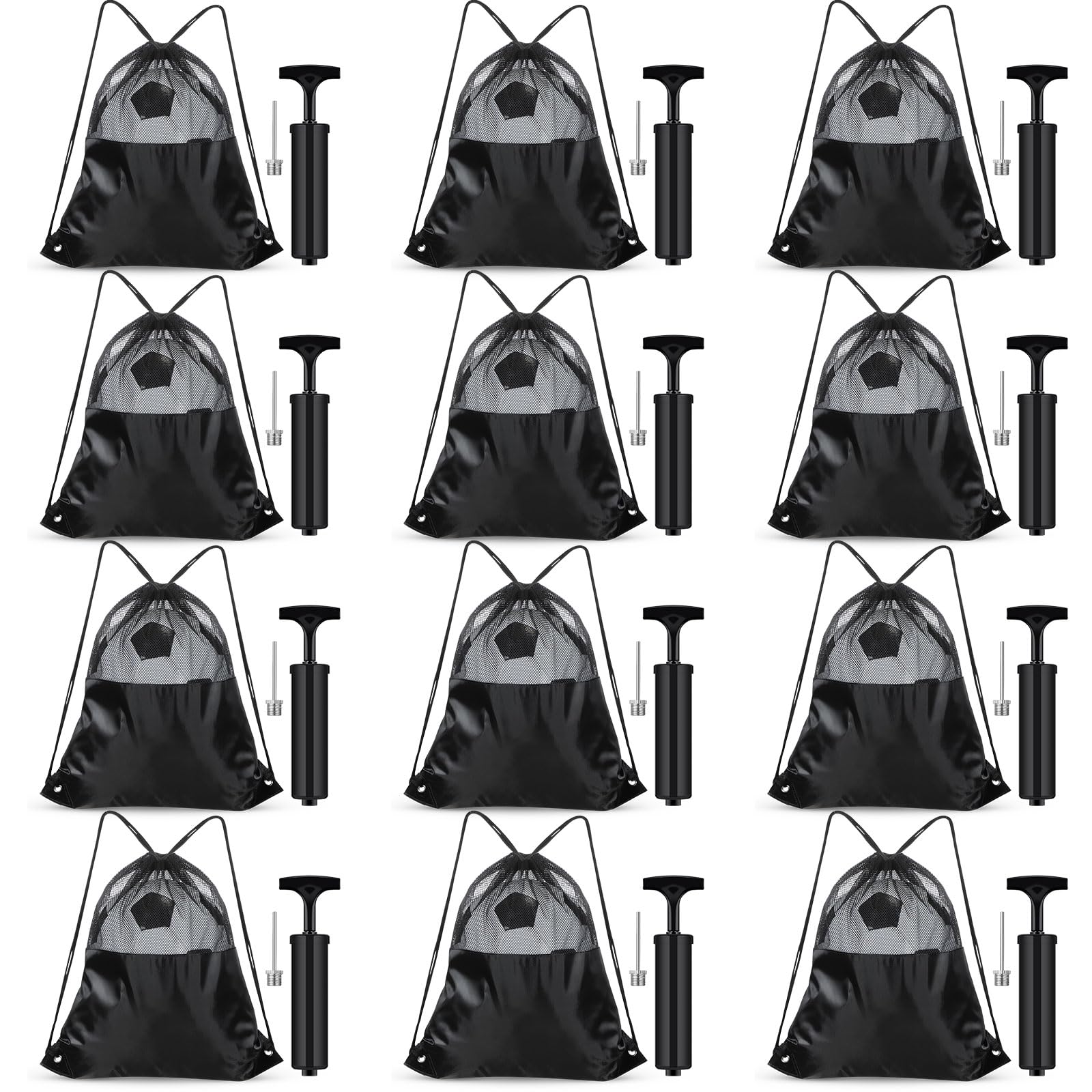 Foilswirl 12 Ball Pumps with Needles 12 Individual Mesh Soccer Bags, Air Hand Pump for Soccer Basketball, Mesh Drawstring Bags, Balls Not Included
