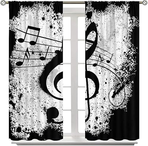Miniatura 8 de Cortinas opacas abstractas y modernas con bolsillo para cortinero, para sala de estar, aislamiento térmico, rústico, negro, blanco, símbolo, música,