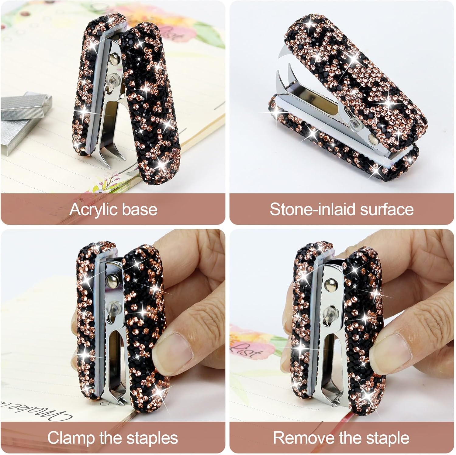 Multibey Rhinestone Desktop Organizer Set, Bling Stapler and Tape Dispenser Set- 25 Sheets Capacity with 1000pcs Staples & Stapler Remover, Sparkling Office Supplies Gift for Women Girls (Black Gold)