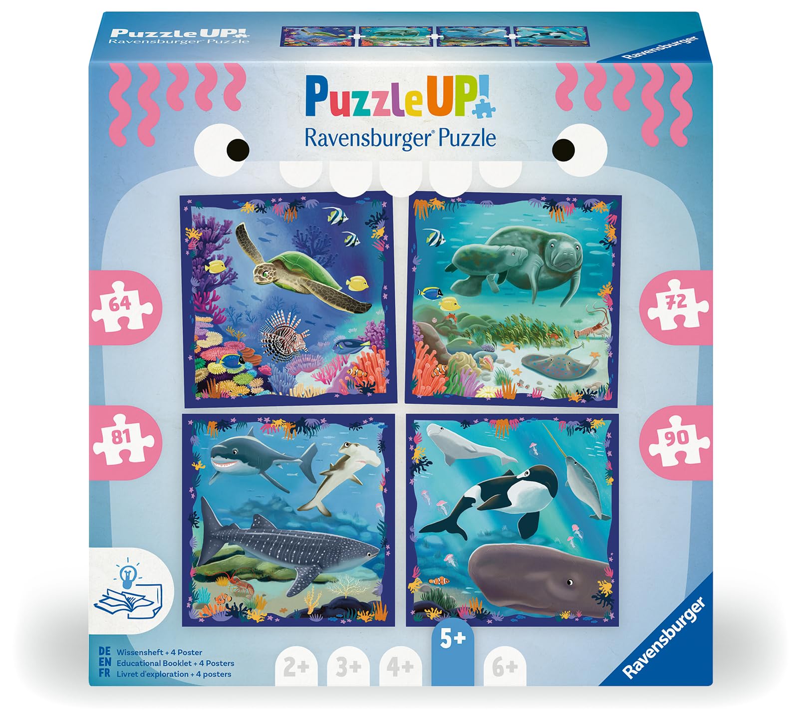 Ravensburger 12004004 Sea Animals 12004004-4 Puzzles with 64, 72, 81, 90 Pieces to Combine and with Extra Knowledge Book