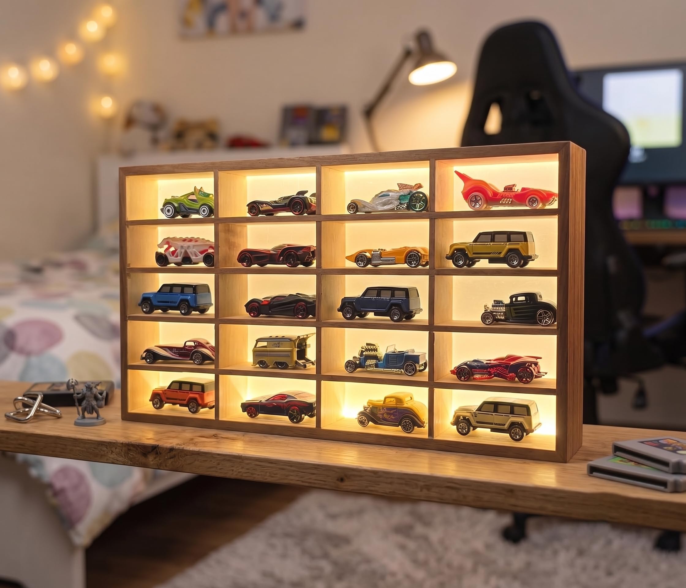 BestofCRAFT Wooden LED 20-Compartment Die Cast Display Case – Polished Smooth Finish Wall & Desk Display for 1:64 Scale Model Cars | LED Ready Collector Rack for Hot Wheels, Matchbox & Miniature Cars-image-49