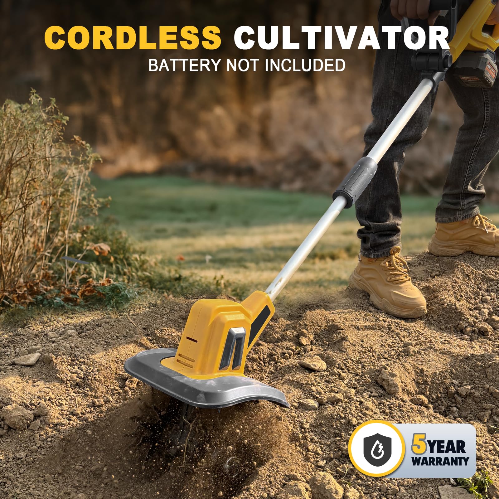 Cultivador de jardín inalámbrico compatible con batería Dewalt de 20 V máximo, solo herramienta, 48 dientes de acero, 8.7 pulgadas de ancho, 16 cm de profundidad, pequeño rotocultor eléctrico portátil