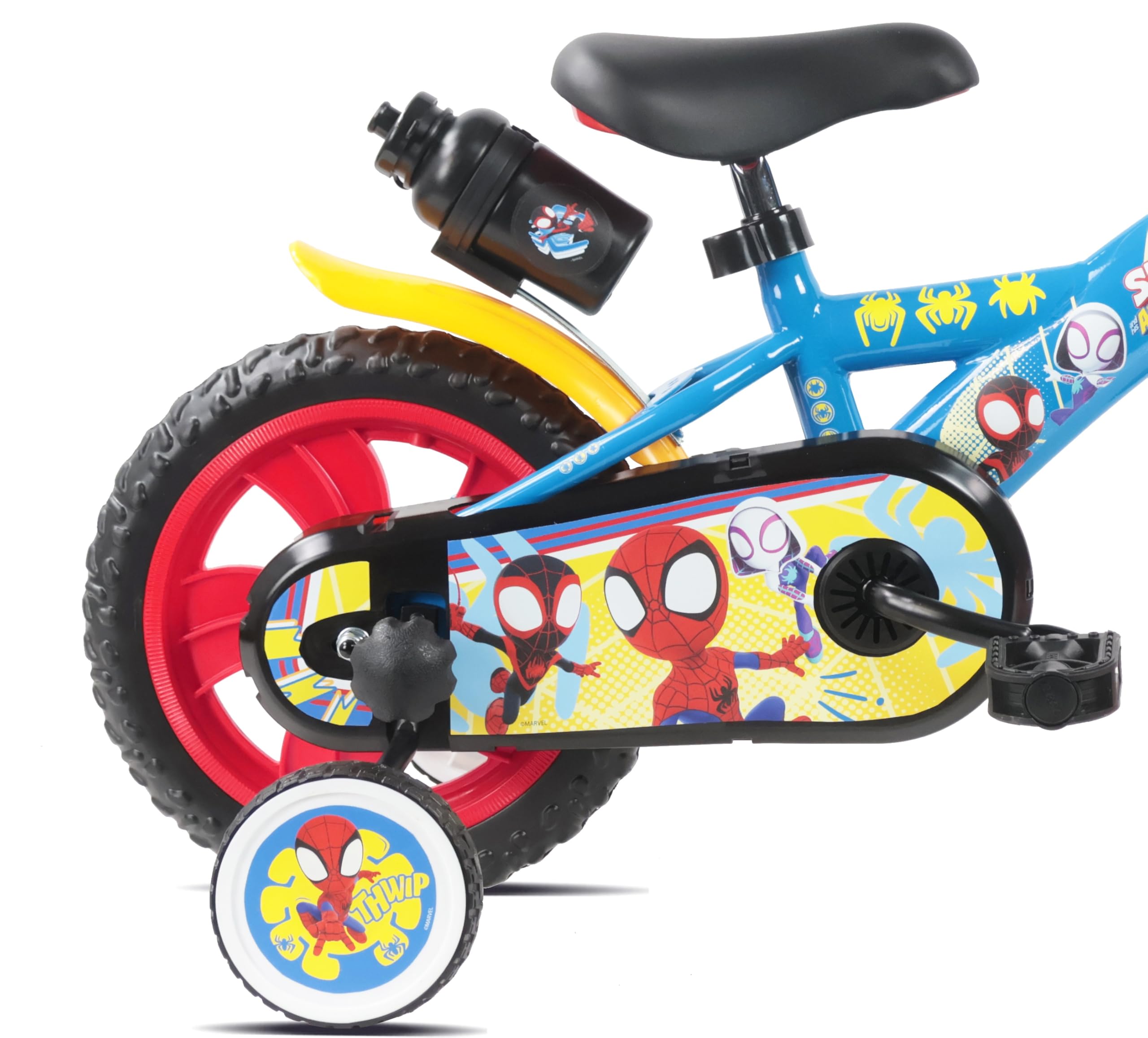Vélo 12" Spidey et Ses Amis - Cadre & Fourche Rigide Acier - 1 Frein - Pneus Increvables EVA - Roues Bâtons - 2 Stabilisateurs - Garde Boue - Carter de Protection - Bidon arrière