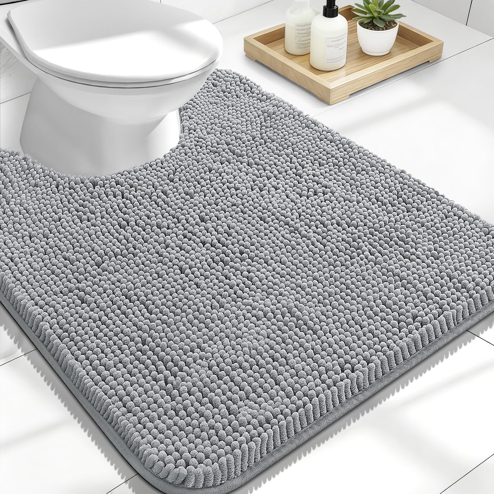 OLANLY Toilet Rugs U-Shaped 24x20, Extra Soft Absorbent Chenille Contour Bathroom Rugs for Toilet, Dry Quickly, Machine Washable, Non-Slip Bath Mat, Light Grey — image 1