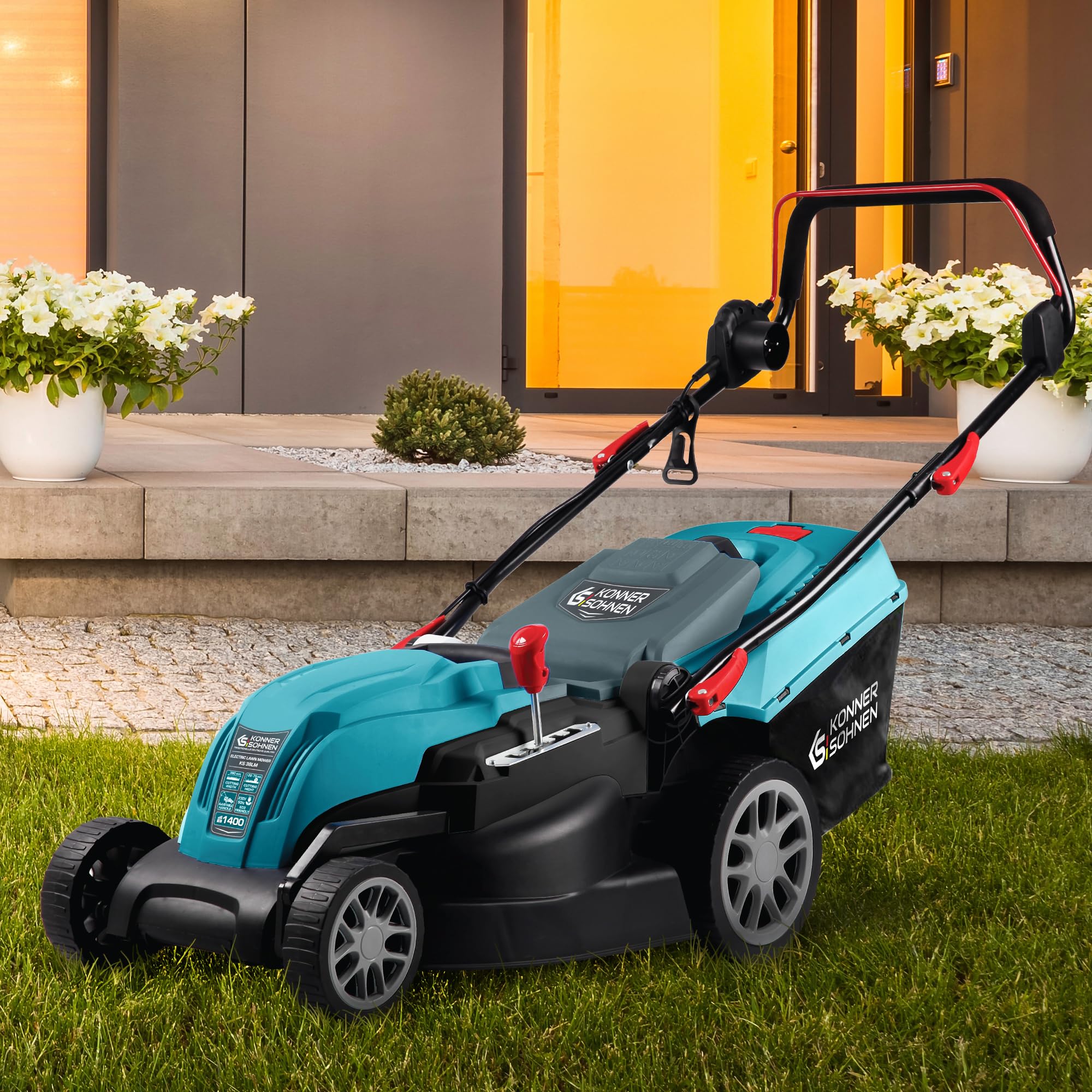 K&S Könner&Söhnen Tosaerba elettrico KS 38LM, potenza 1400 W, velocità a vuoto 3250 giri/min, larghezza di taglio 380 mm, altezza di taglio 25-75 mm, 5 posizioni, scatola raccolta erba 40 l