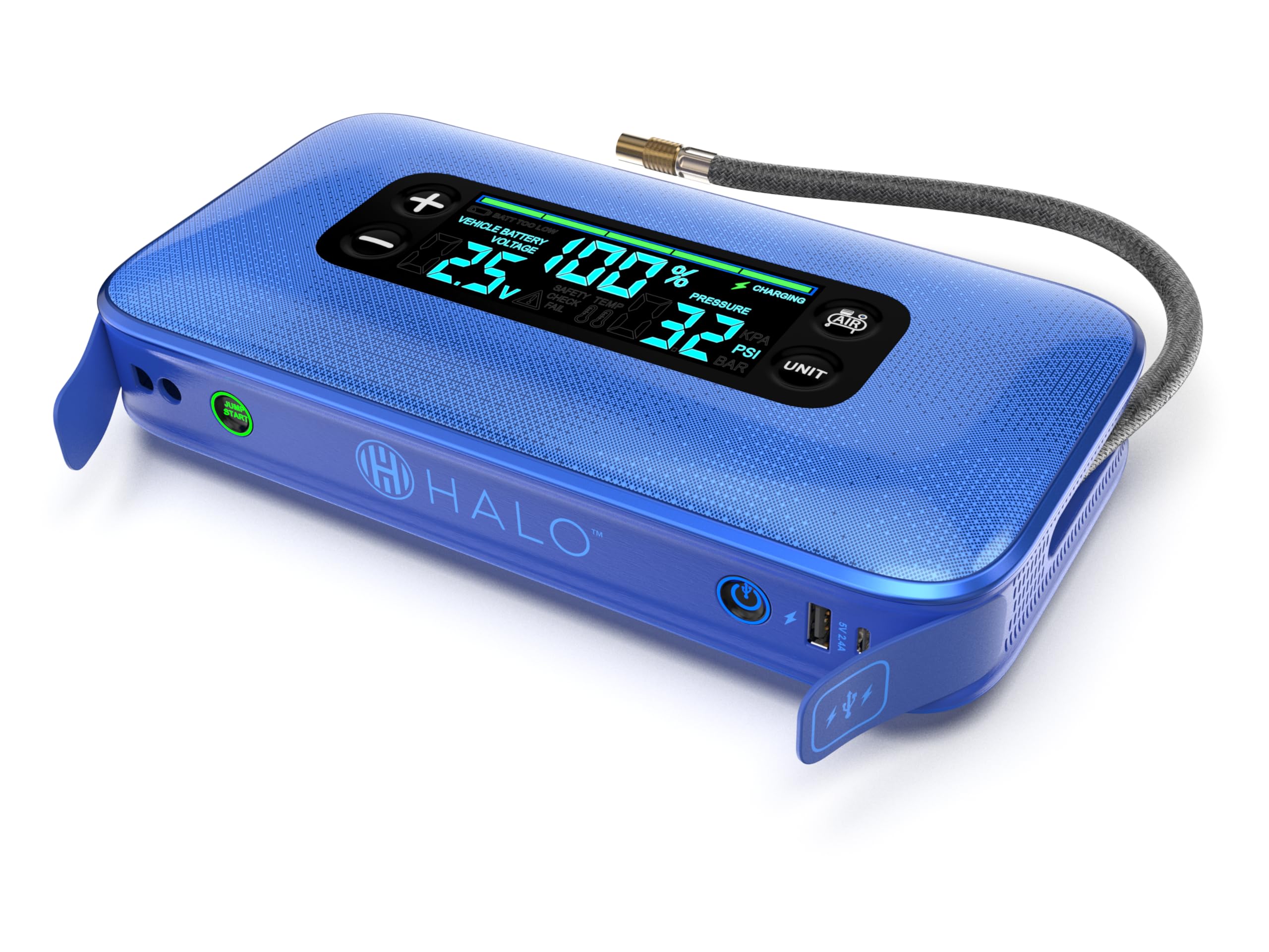 HALO Bolt Ultimate 3 Portable Car Battery Jump Starter | 130 PSI Air Compressor, 55.5Wh USB Power Bank, Large Display, Emergency Floodlight & Charger, Jumps Cars SUVs & Trucks, Inflates Tires — Cobalt