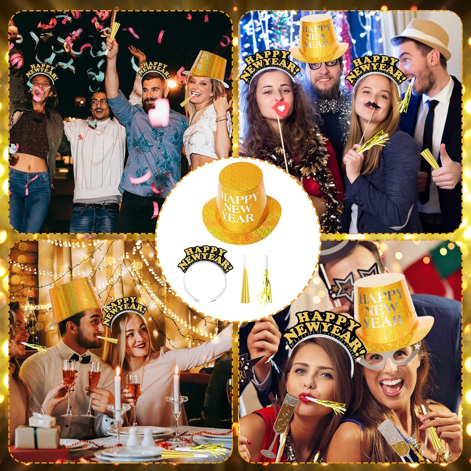 Shappy 100 Pcs New Years Eve Party Supplies 2026 New Year's Eve Party Kit 10 Top Hat 40 Tiara 50 Noisemaker Decor
