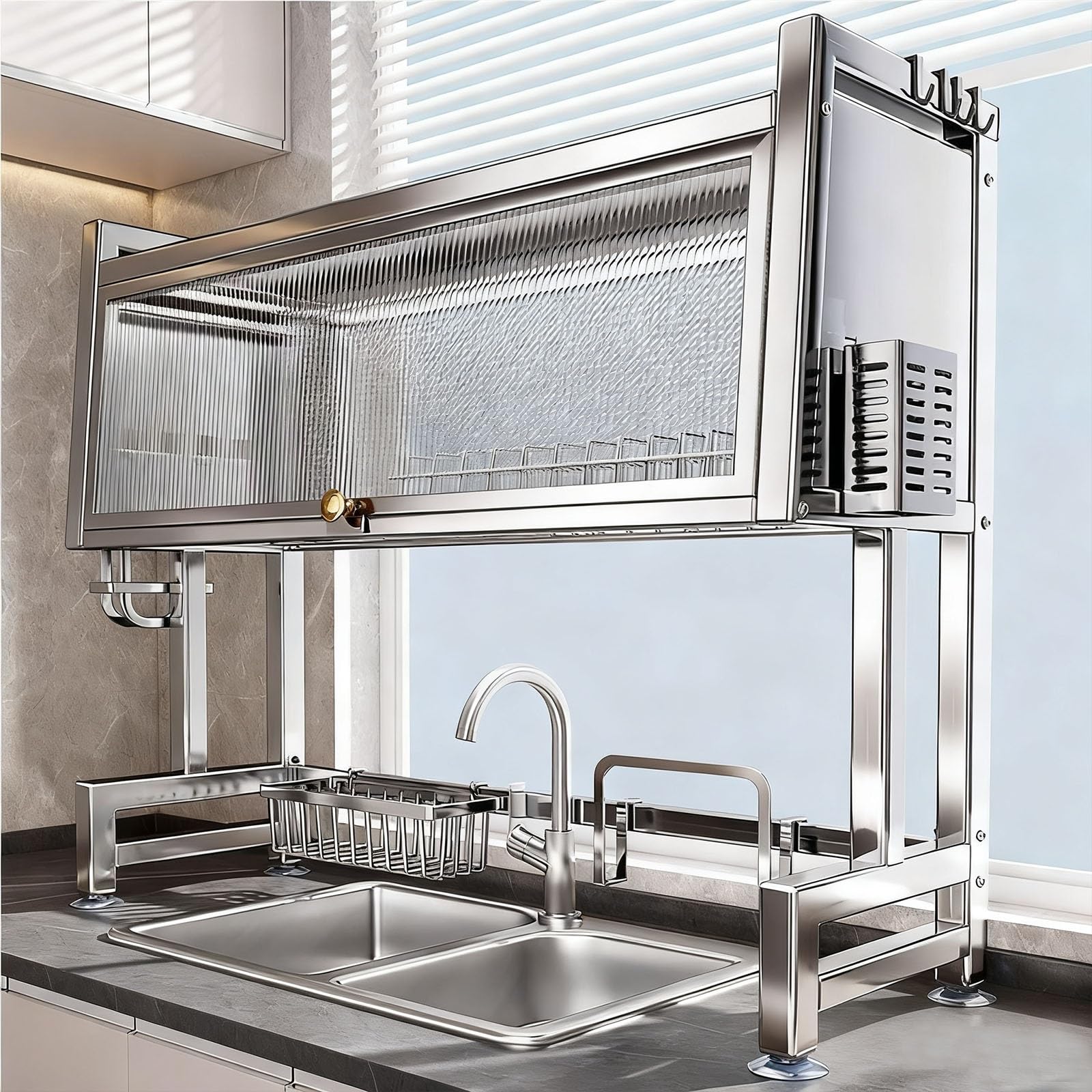 NRNDDVRVAT Large Sink Drying Rack,Over The Sink Dish Drainer Drying, Keep Kitchen Sink Shlef Organized Space-Saving Dish Drying Rack,for Dishes, Glasses, Bowls, Cutlery(105cm/41in)