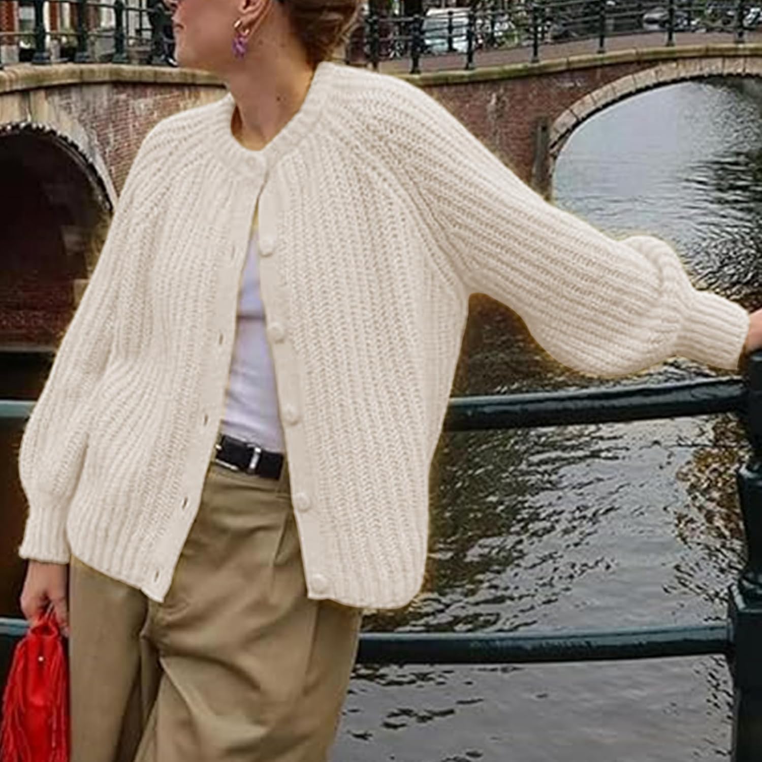 Womens Cardigan Sweater Chunky Knitted Crew Neck Long Sleeve Button Down Jackets Open Front Loose Casual Coat - Image 7