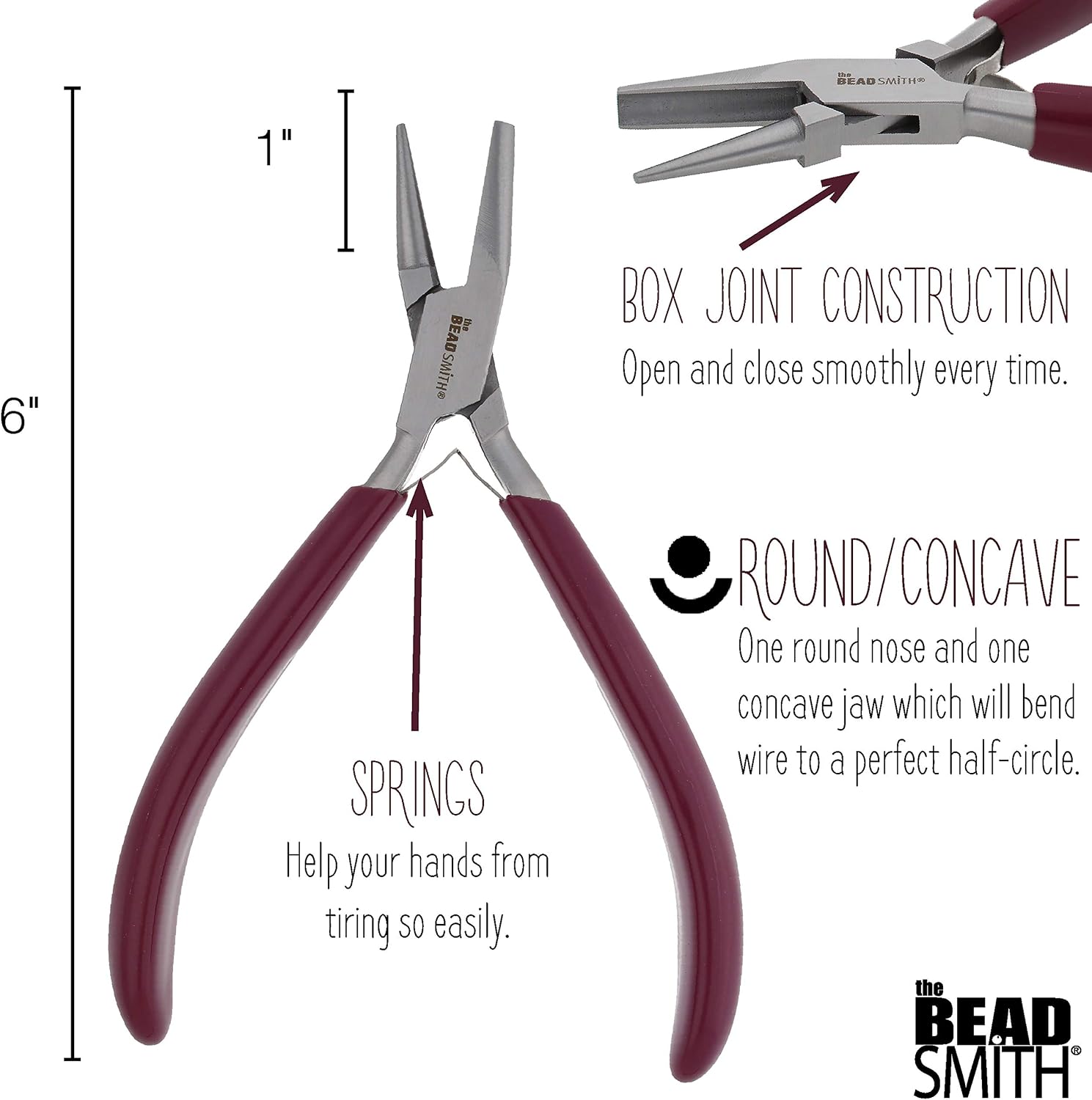 The Beadsmith Half Round/Half Concave Pliers – 6-Inches (152 mm) Jewelry-Making Tool w/Polished Steel Head, PVC Comfort Grip, & Double-Leaf Springs
