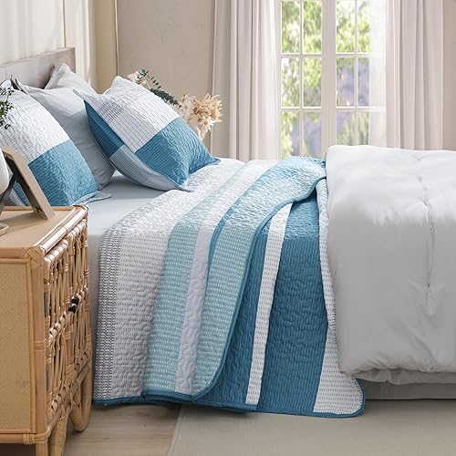Miniatura 2 de Litanika Juego de edredón Queen de 3 piezas, color verde azulado y blanco, colcha de verano de retazos a rayas, juego de ropa de cama acolchado de