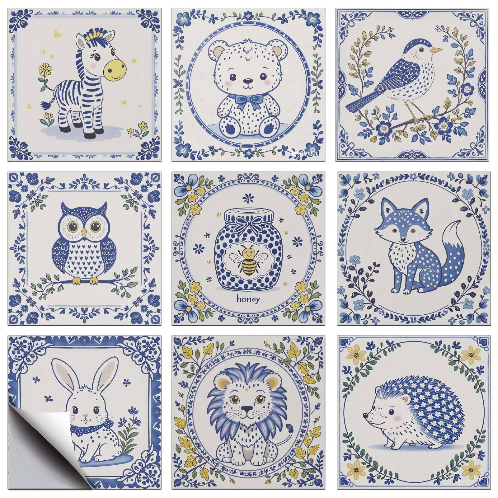 CONCHLERY 36 Pcs 9 Styles Blue White Porcelain Cartoon Animals Pattern Peel and Stick Tile Stickers, for Kitchen Bathroom Home Wall Art Decor 4x4 Inch